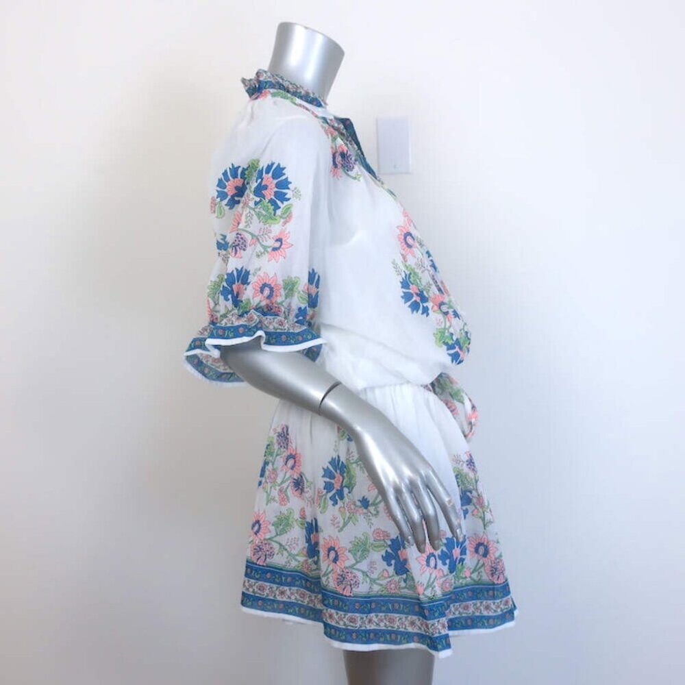 Juliet Dunn Blouson Tie-Waist Mini Dress White Rose Border Print Cotton Size 2 - Picture 3 of 7